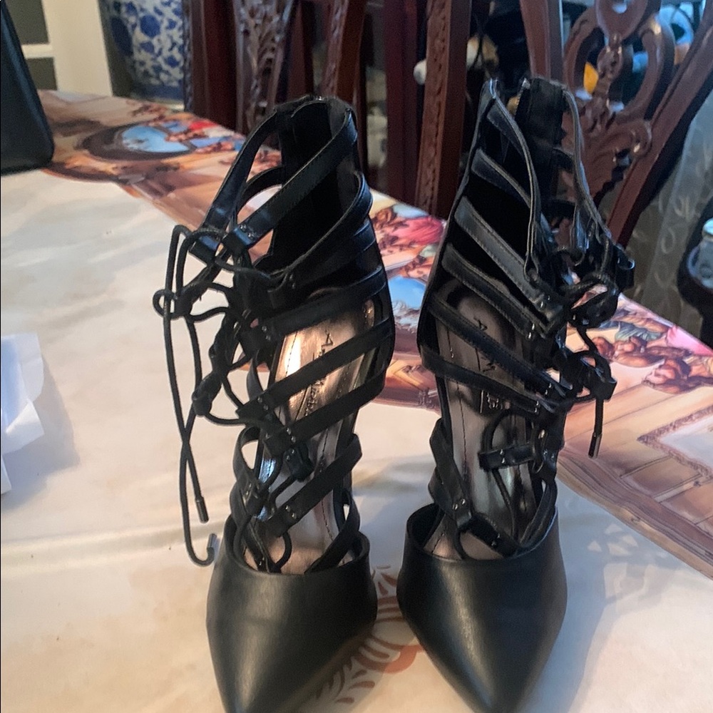 Anne Michelle Black Stiletto Heels with Lace-Up Design